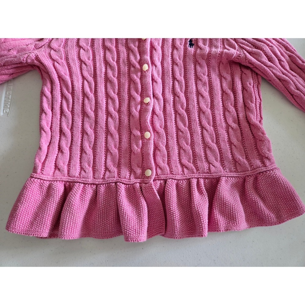 Polo Ralph Lauren Girls 8-10 Cardigan Pink Cable Knit Peplum Ruffle Sweater - Picture 3 of 7